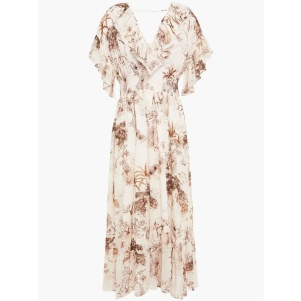 NWT | Sandro Natural Marro Ruffled Printed Gauze Midi | Sz 6 or 38 - Picture 3 of 4